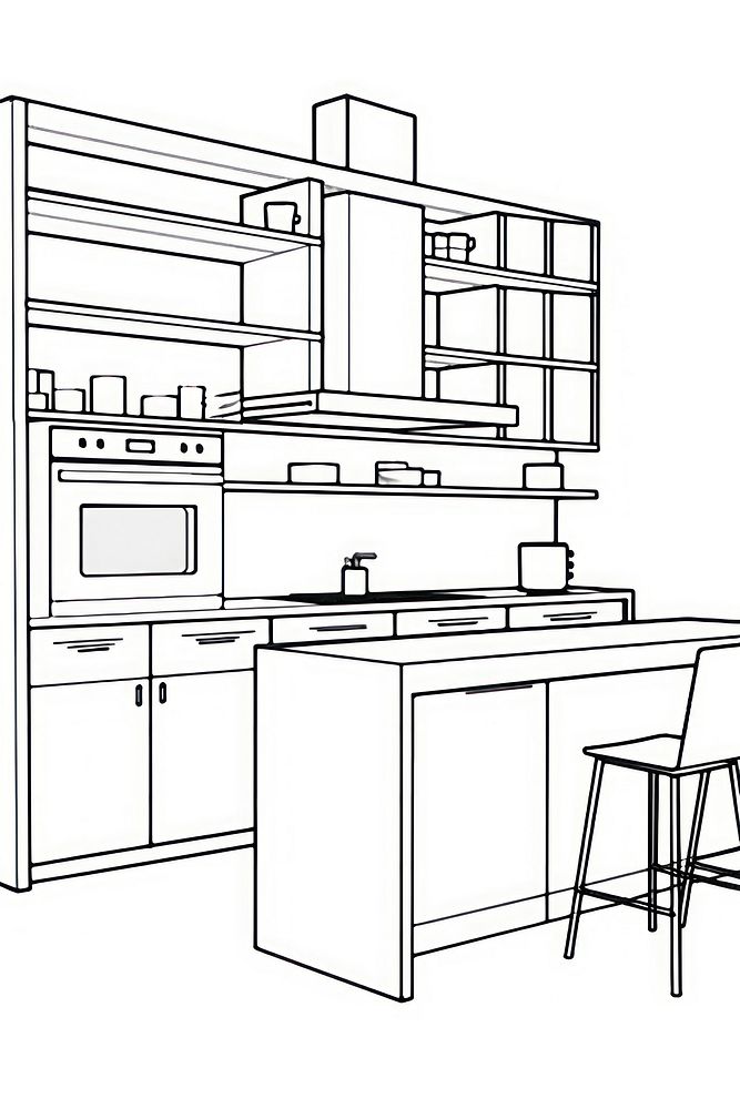 Kitchen thin outline sketch line vector furniture cabinet chair.