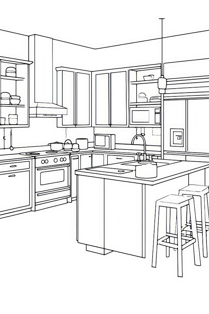 Kitchen thin outline sketch line vector furniture architecture countertop.