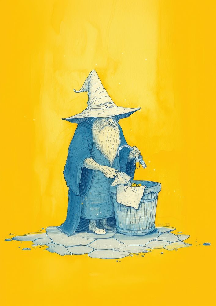 A wizard doing laundry painting drawing yellow.
