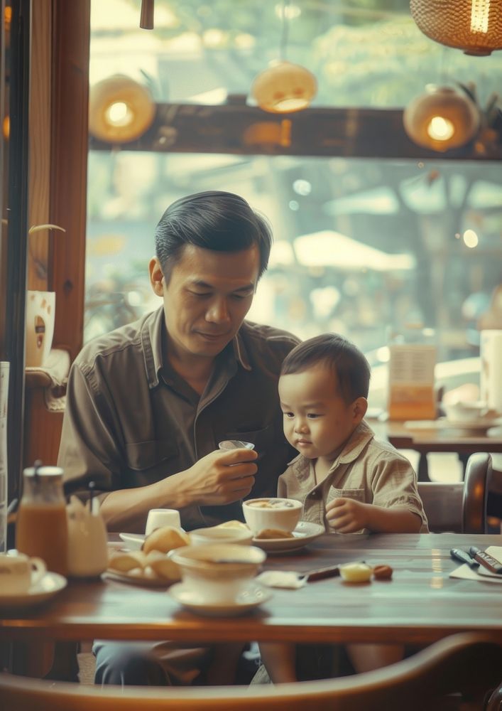 Asian dad spend time with son restaurant portrait family.