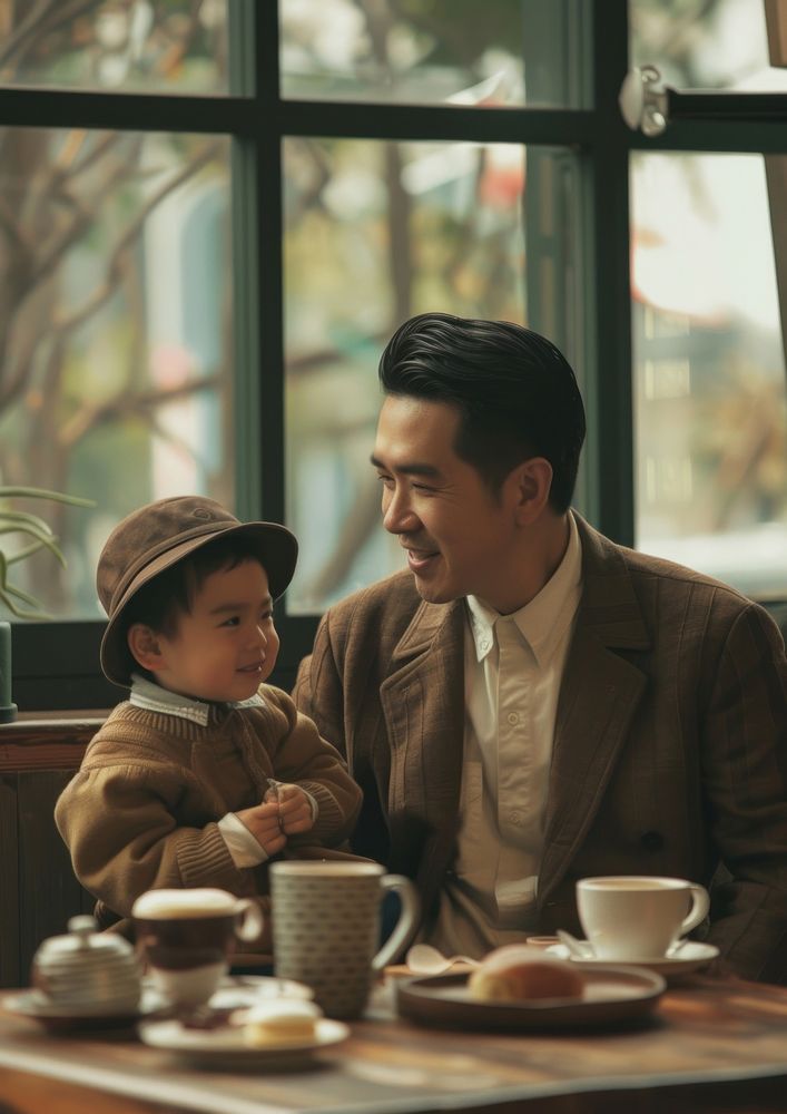 Asian dad spend time with son portrait family coffee.