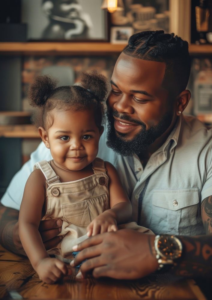 Black dad spend time with daughter portrait family photo.