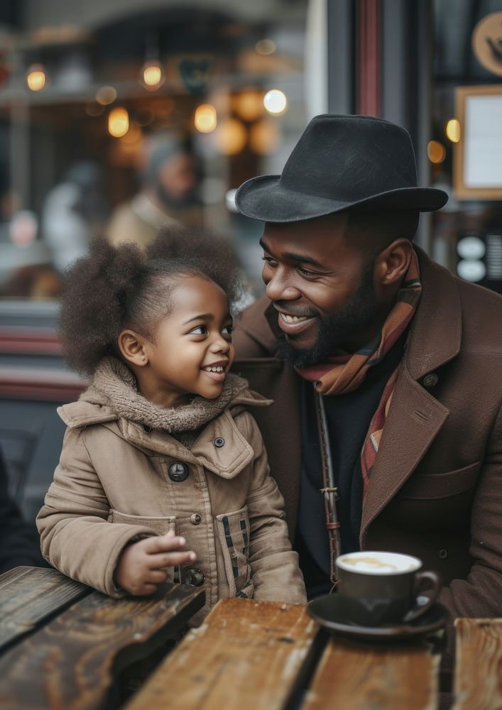 Black dad spend time with daughter portrait family coffee.