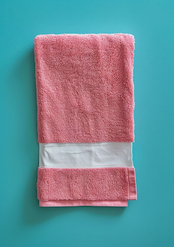 Empty white cotton long rectangle label vertical sewn on the end of flatten pink towel hygiene textile blue.