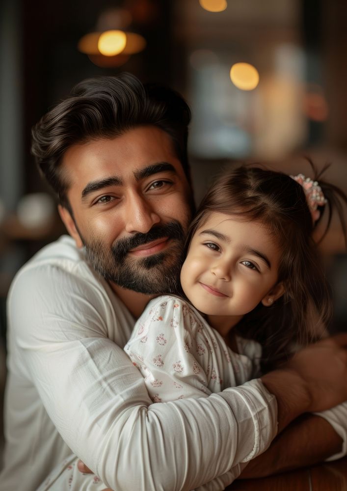 Indian dad spend time with daughter family portrait hugging.