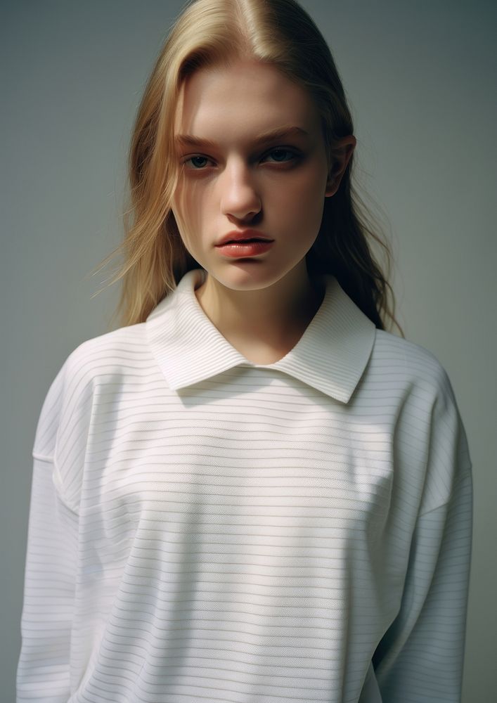Sweatshirt with a ribbed polo collar sleeve portrait photo.