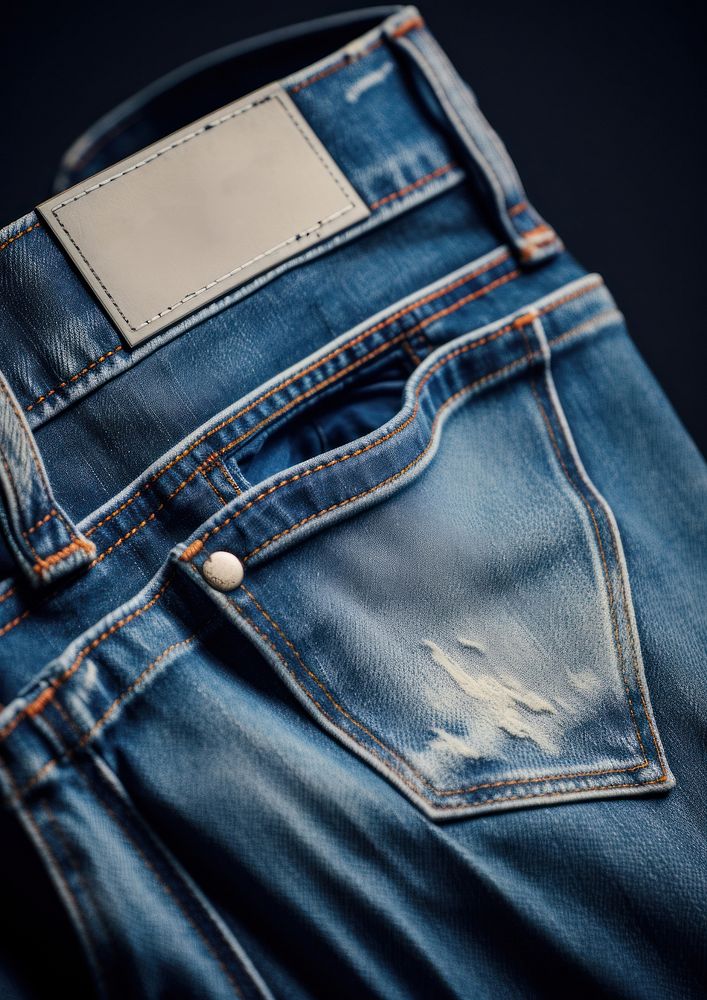 Super close up the back side bottom of blue jeans with one blank white label fashion denim pants.