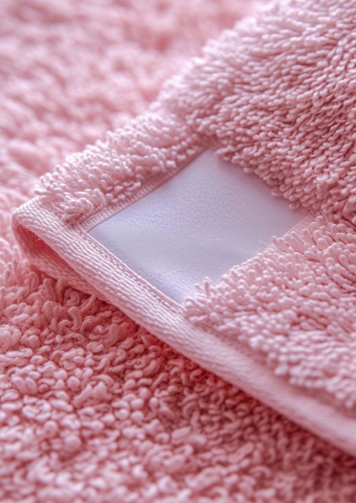 Empty white cotton long rectangle label vertical sewn on flatten pink towel blanket softness clothing.