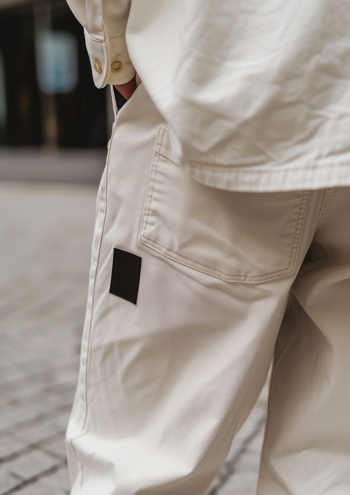 A white pants with a black label on pocket back side of pants fashion adult outerwear.