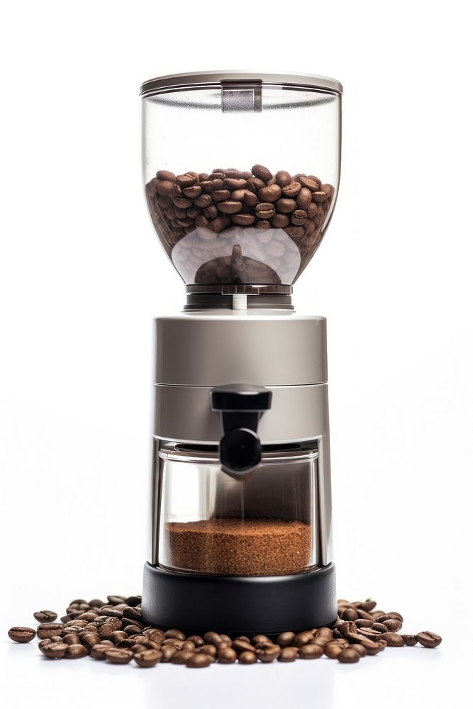 Modern coffee grinder cup white background coffeemaker.