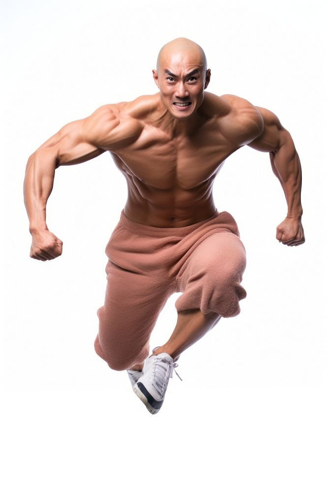 Strong bald jumping asian bodybuilder sports adult white background.