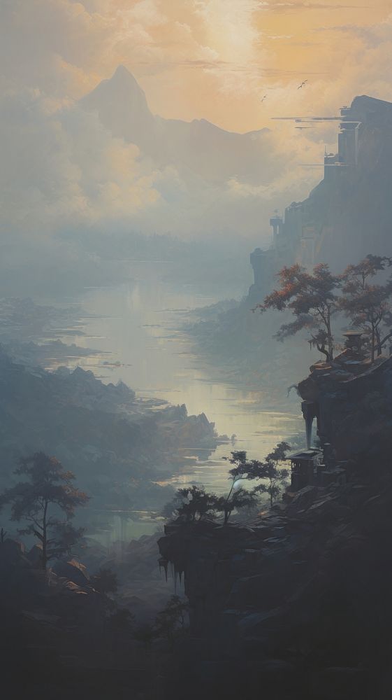 Acrylic paint of landscape outdoors nature fog.