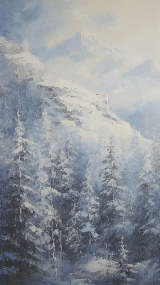 Acrylic paint of snowy mountain forest outdoors painting nature.
