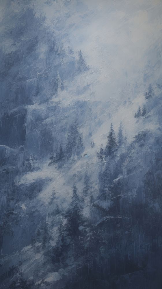 Acrylic paint of snowy mountain forest painting texture nature.