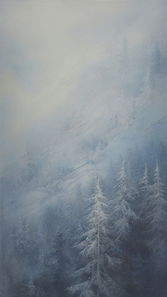 Acrylic paint of snowy mountain forest nature winter plant.