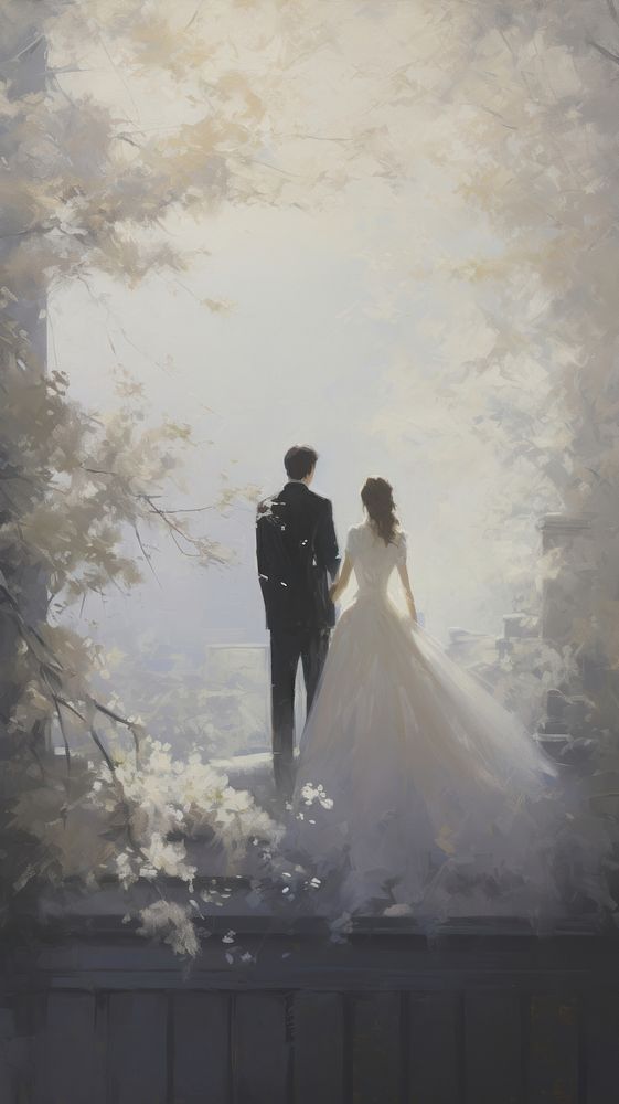 Acrylic paint of wedding outdoors fashion dress.