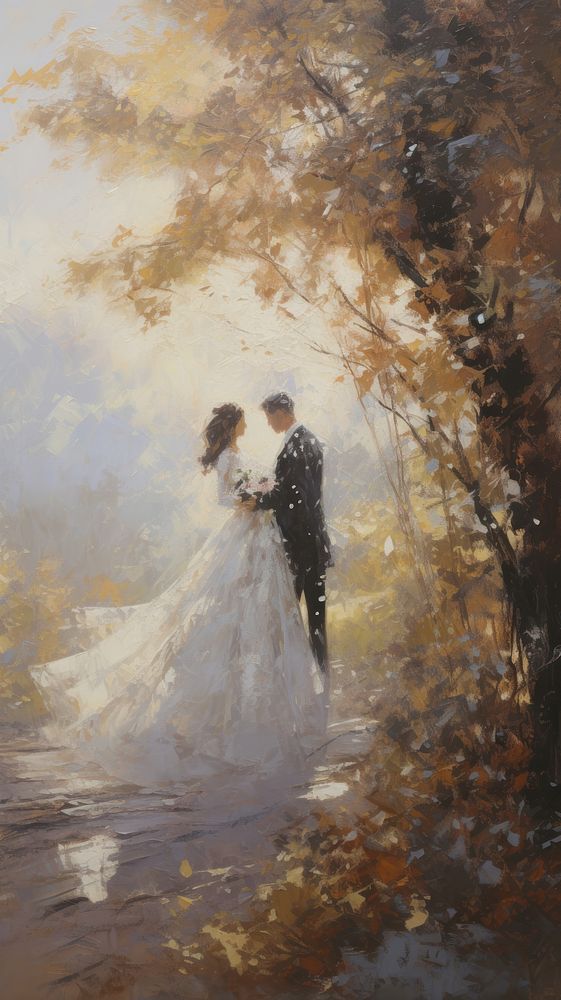 Acrylic paint of wedding painting outdoors dress.