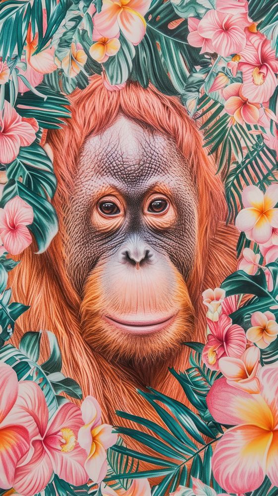Realistic vintage drawing of orangutan wildlife mammal animal.