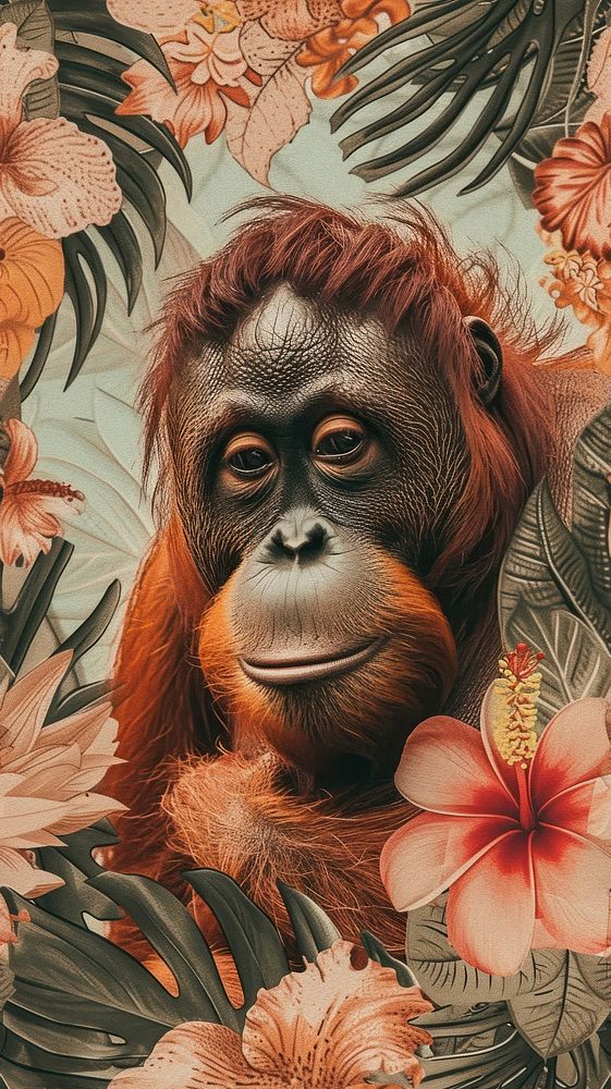 Realistic vintage drawing of orangutan wildlife mammal animal.