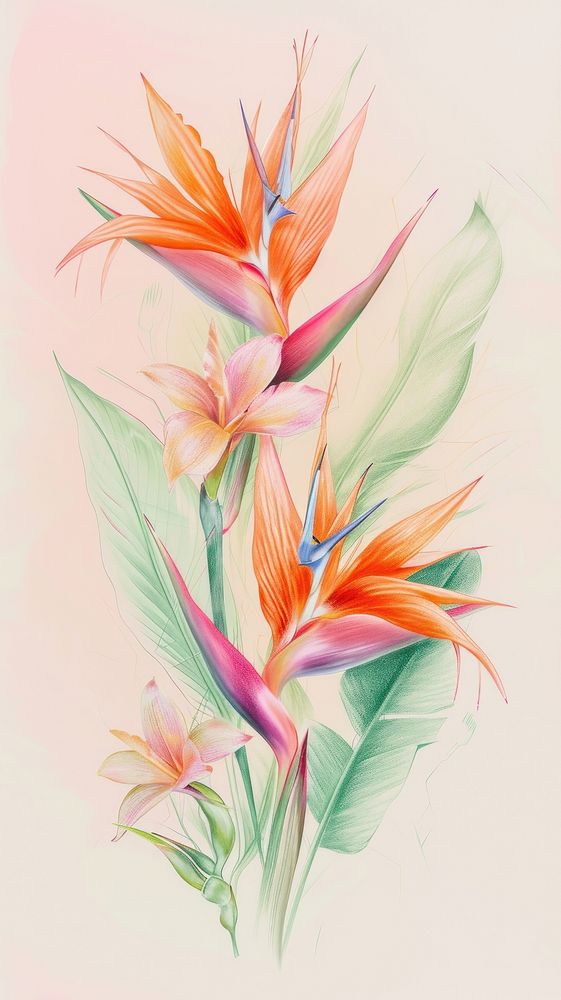 Realistic vintage drawing of bird of paradise flower sketch pattern.