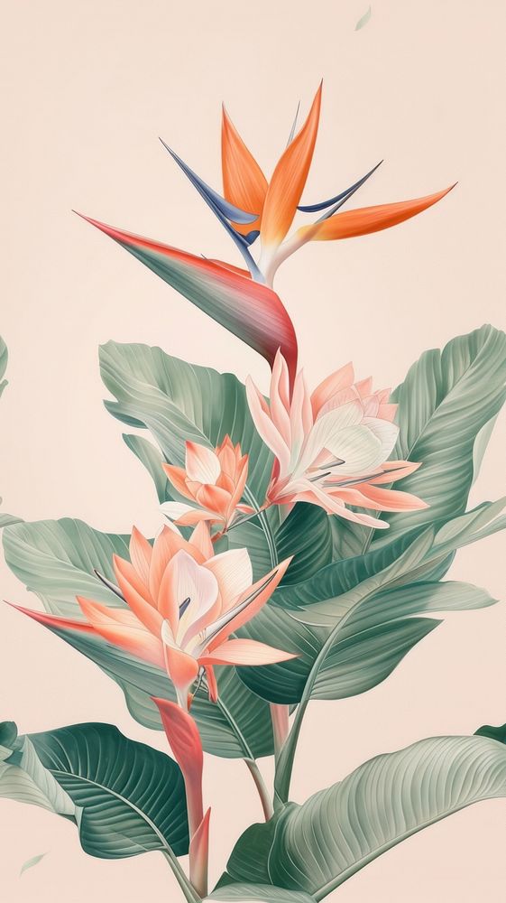 Realistic vintage drawing of bird of paradise flower tropics sketch.