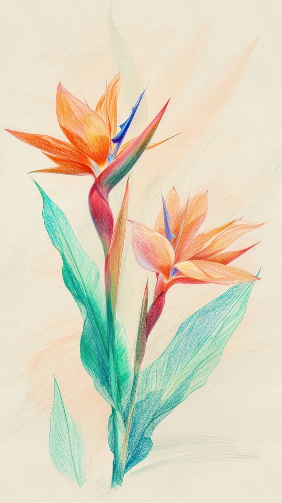 Realistic vintage drawing of bird of paradise flower sketch painting.