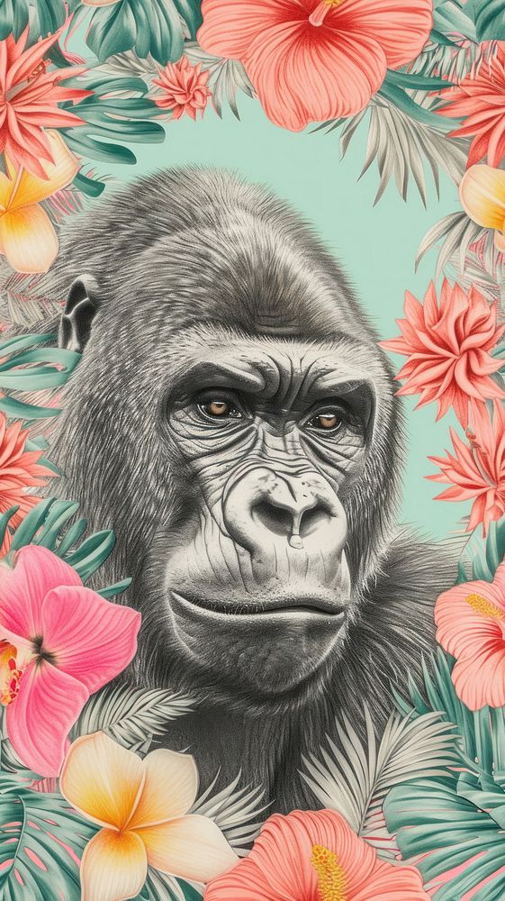 Realistic vintage drawing of gorilla wildlife monkey animal.