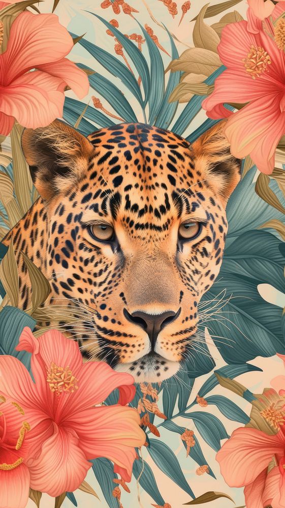 Realistic vintage drawing of leopard flower wildlife animal.