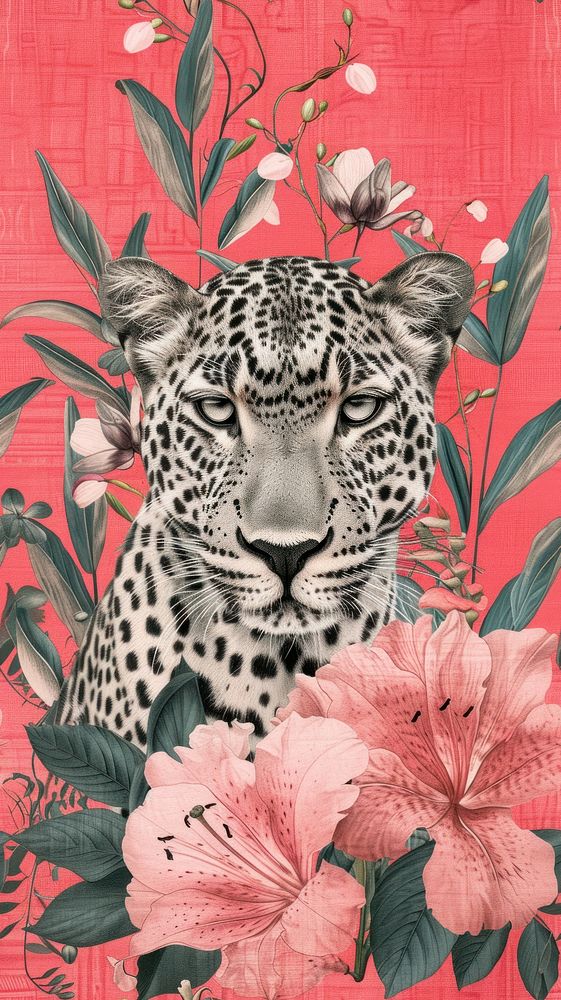 Realistic vintage drawing of leopard flower wildlife animal.