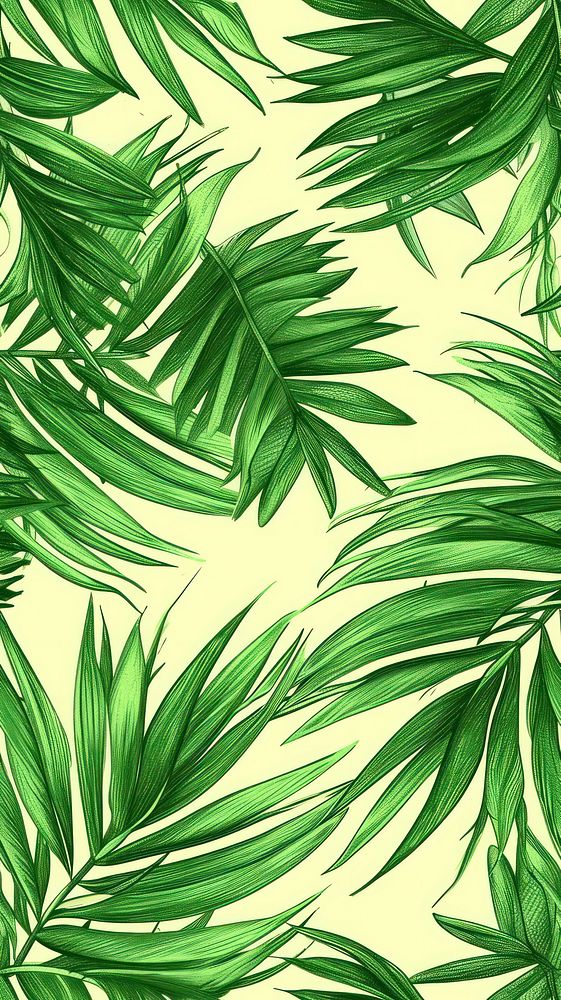 Realistic vintage drawing of palm leaves green backgrounds pattern.