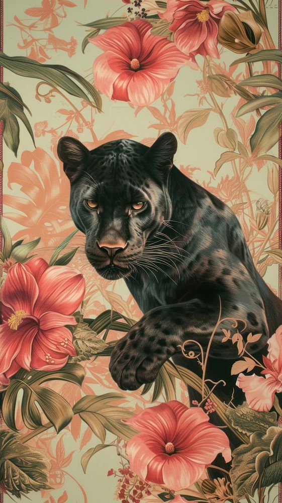 Realistic vintage drawing of panther flower pattern animal.
