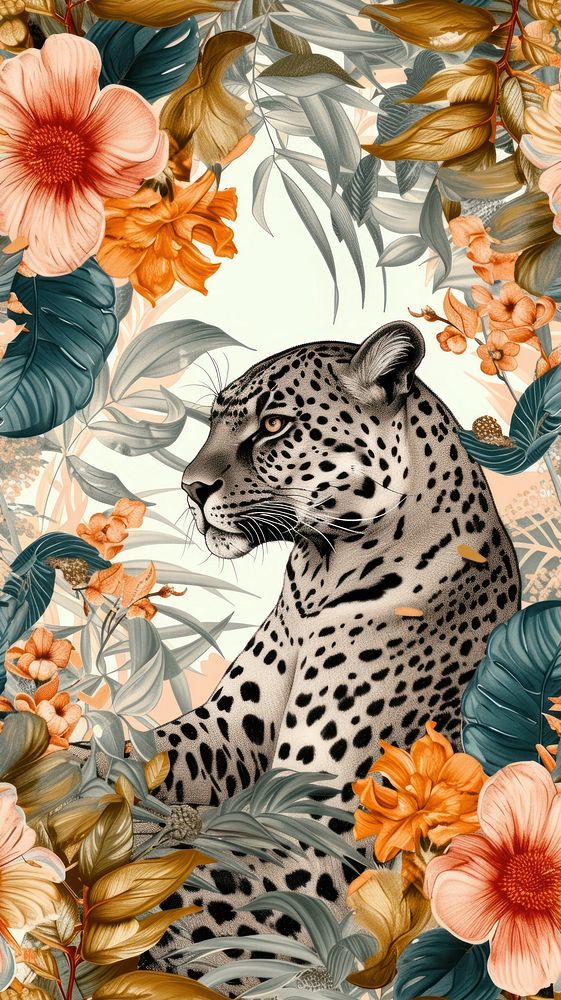 Realistic vintage drawing of panther wildlife leopard pattern.
