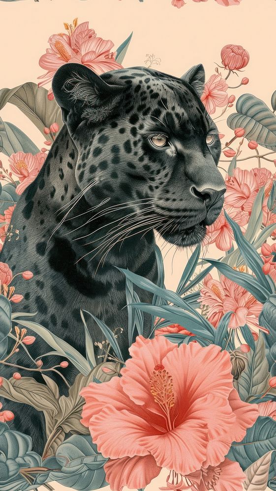 Realistic vintage drawing of panther flower wildlife leopard.