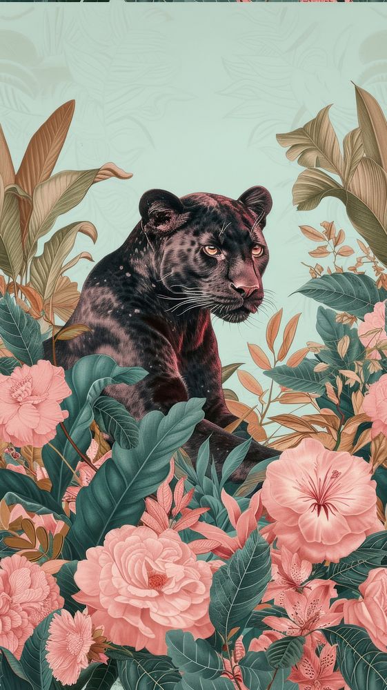 Realistic vintage drawing of panther flower pattern animal.