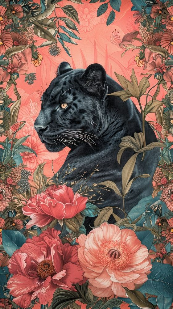 Realistic vintage drawing of panther flower painting tapestry.