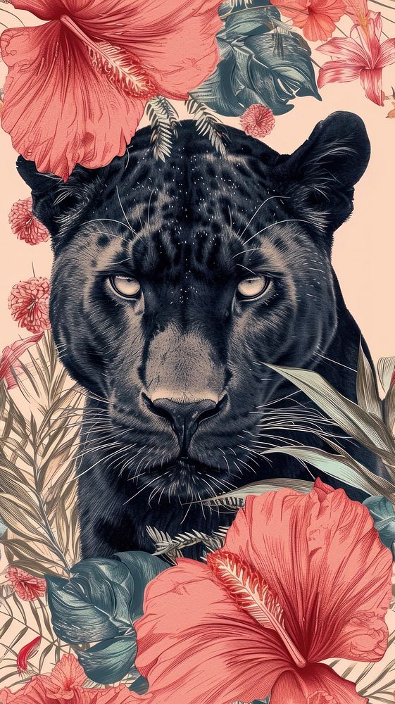 Realistic vintage drawing of panther flower wildlife animal.