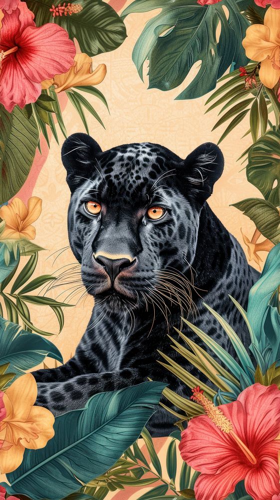 Realistic vintage drawing of panther flower wildlife leopard.