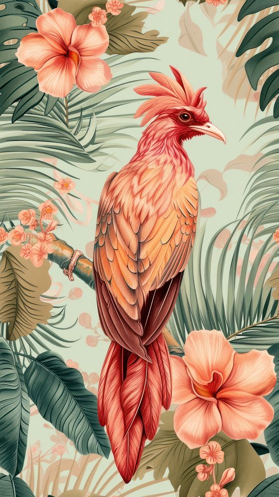 Realistic vintage drawing of phoenix pattern flower animal.