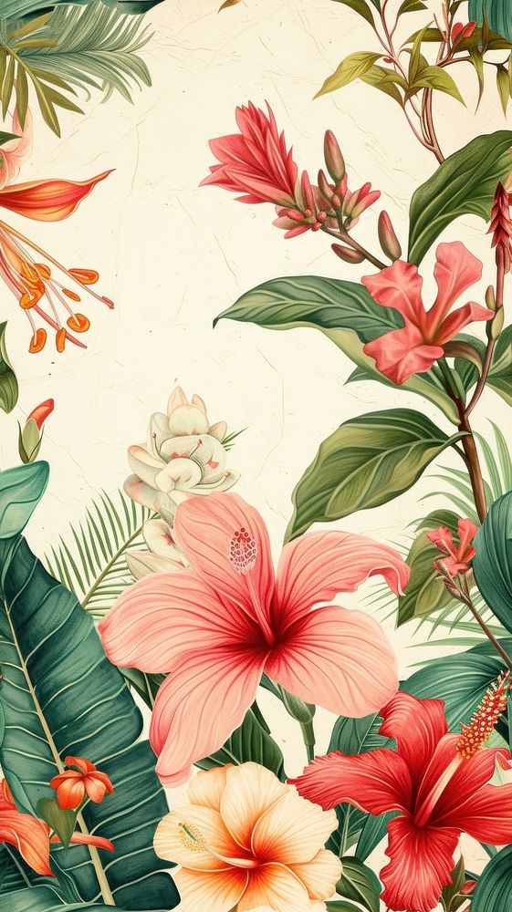 Realistic vintage drawing of spring flowers backgrounds hibiscus pattern.