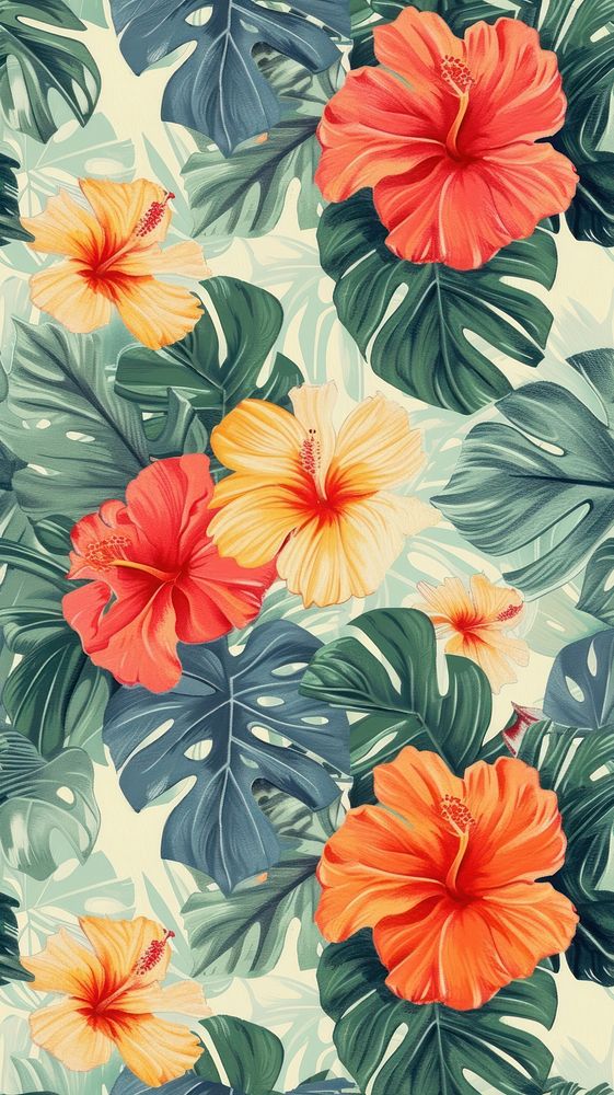 Realistic vintage drawing of spring flowers backgrounds hibiscus plant.