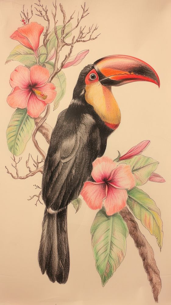 Realistic vintage drawing of toucan animal sketch flower.
