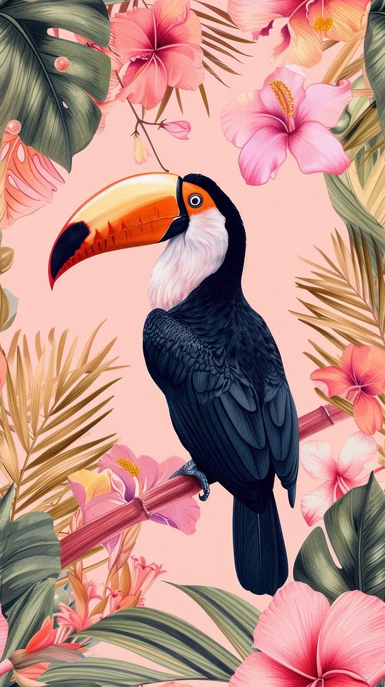 Realistic vintage drawing of toucan flower animal plant.