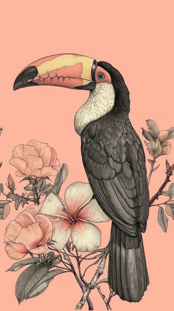 Realistic vintage drawing of toucan animal flower sketch.