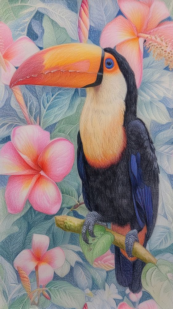 Realistic vintage drawing of toucan animal sketch bird.