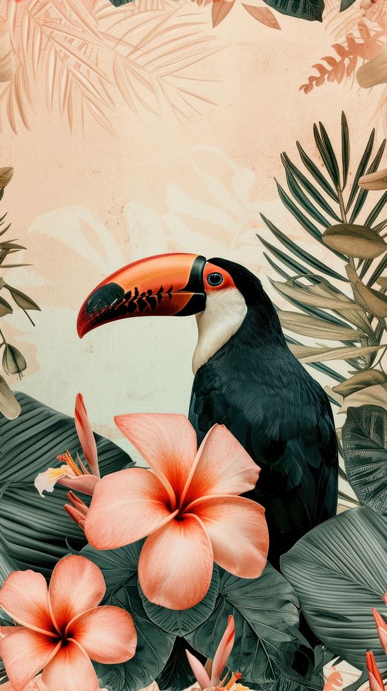 Realistic vintage drawing of toucan flower tropics animal.