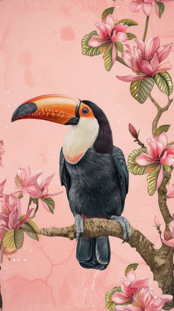 Realistic vintage drawing of toucan animal flower plant.