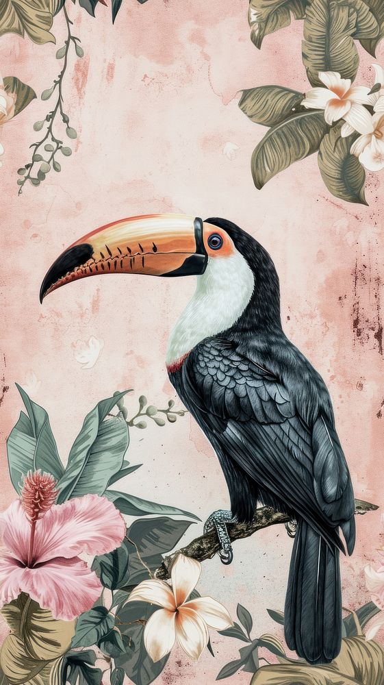 Realistic vintage drawing of toucan flower animal sketch.