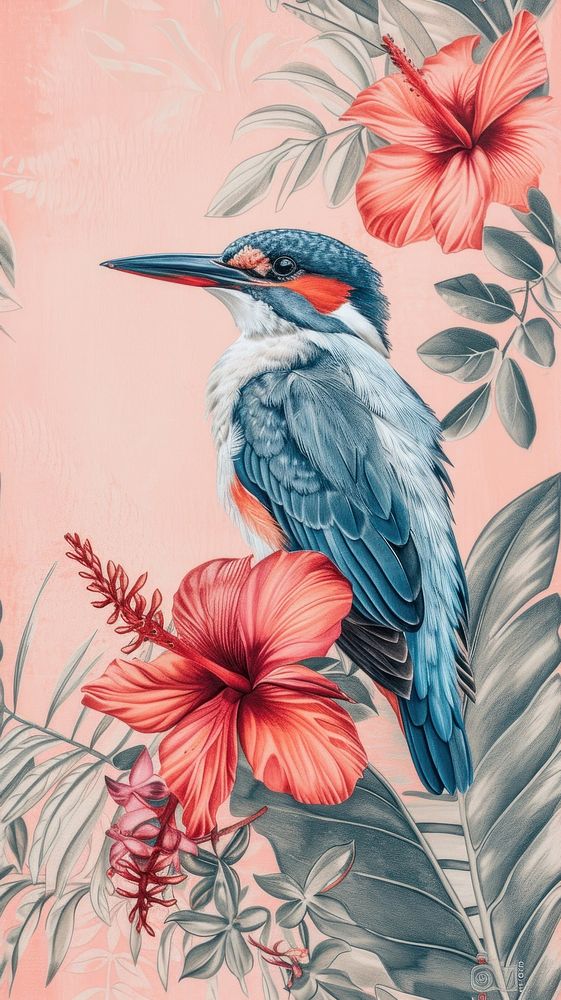 Realistic vintage drawing of tropical bird flower animal sketch.
