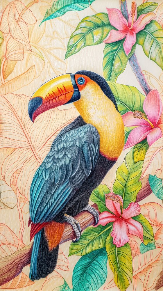 Realistic vintage drawing of tropical bird toucan animal sketch.