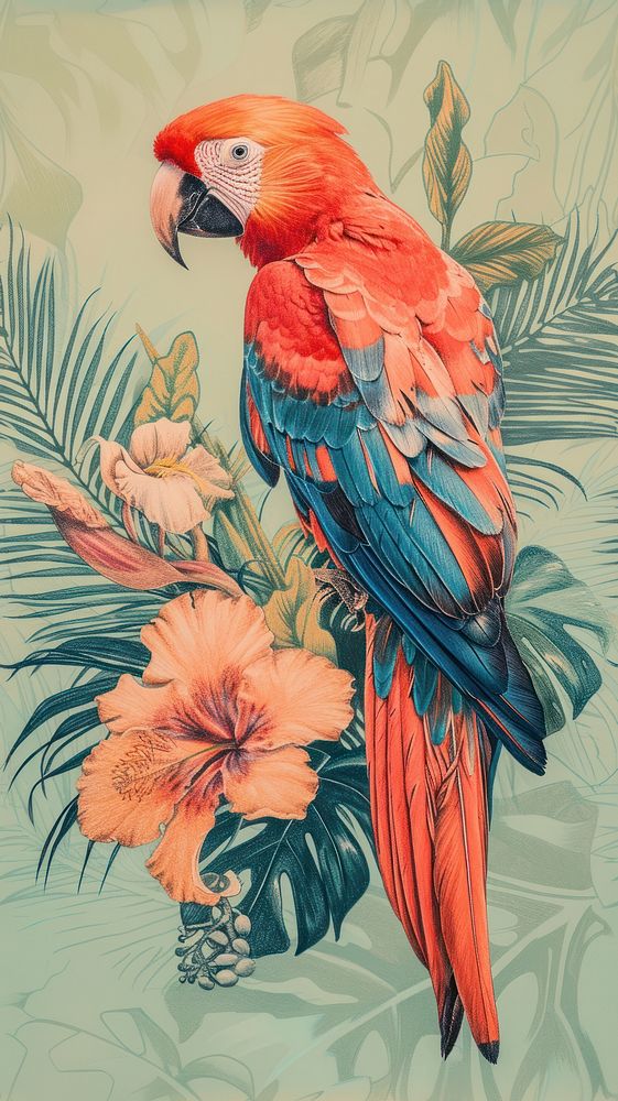 Realistic vintage drawing of tropical bird parrot animal sketch.